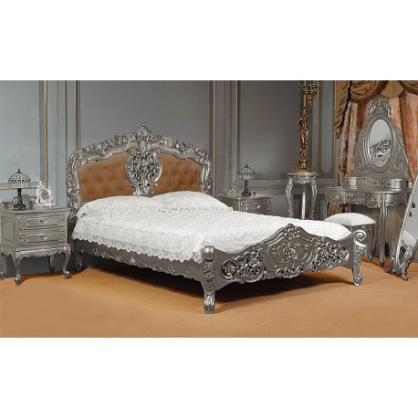 Silber Rokoko-Barock Bett gepolstertes Kopfteil 180x200 cm